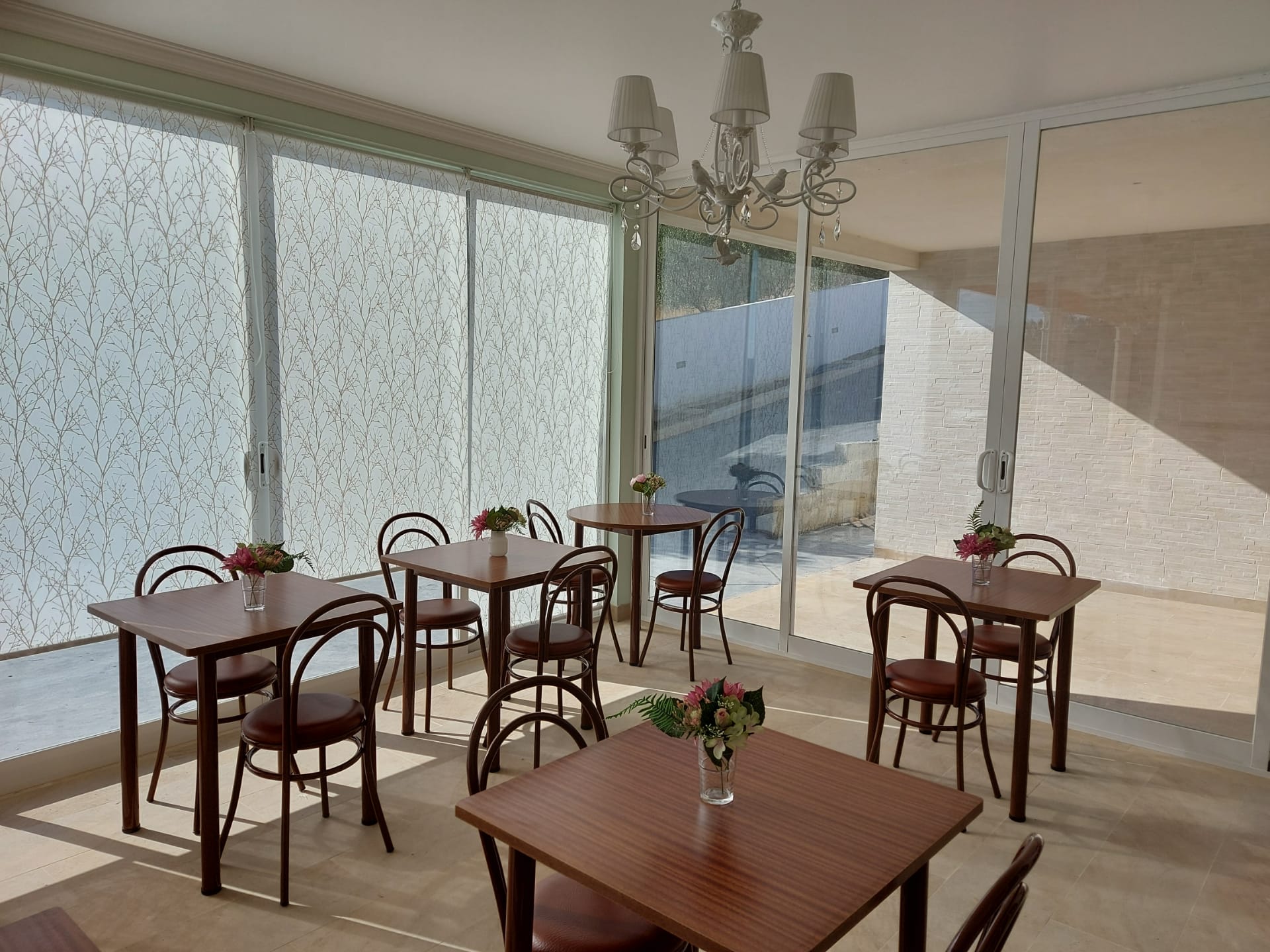 Continental breakfast spread served in the glass conservatory at Solar do Sal — eggs, cured meats, cheeses, pastries, juice and seasonal fruit