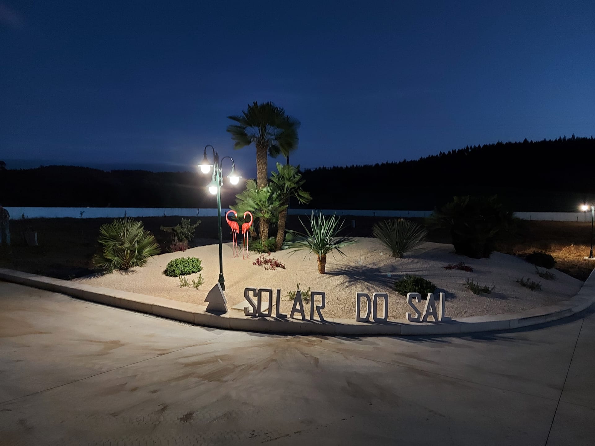 Property entrance at night with palms